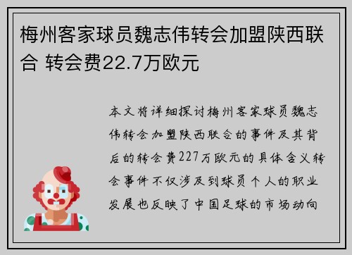 梅州客家球员魏志伟转会加盟陕西联合 转会费22.7万欧元