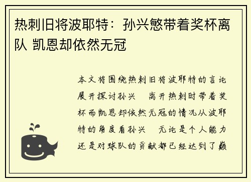 热刺旧将波耶特：孙兴慜带着奖杯离队 凯恩却依然无冠