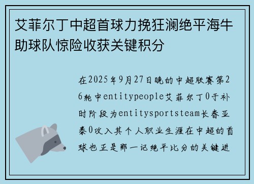 艾菲尔丁中超首球力挽狂澜绝平海牛助球队惊险收获关键积分